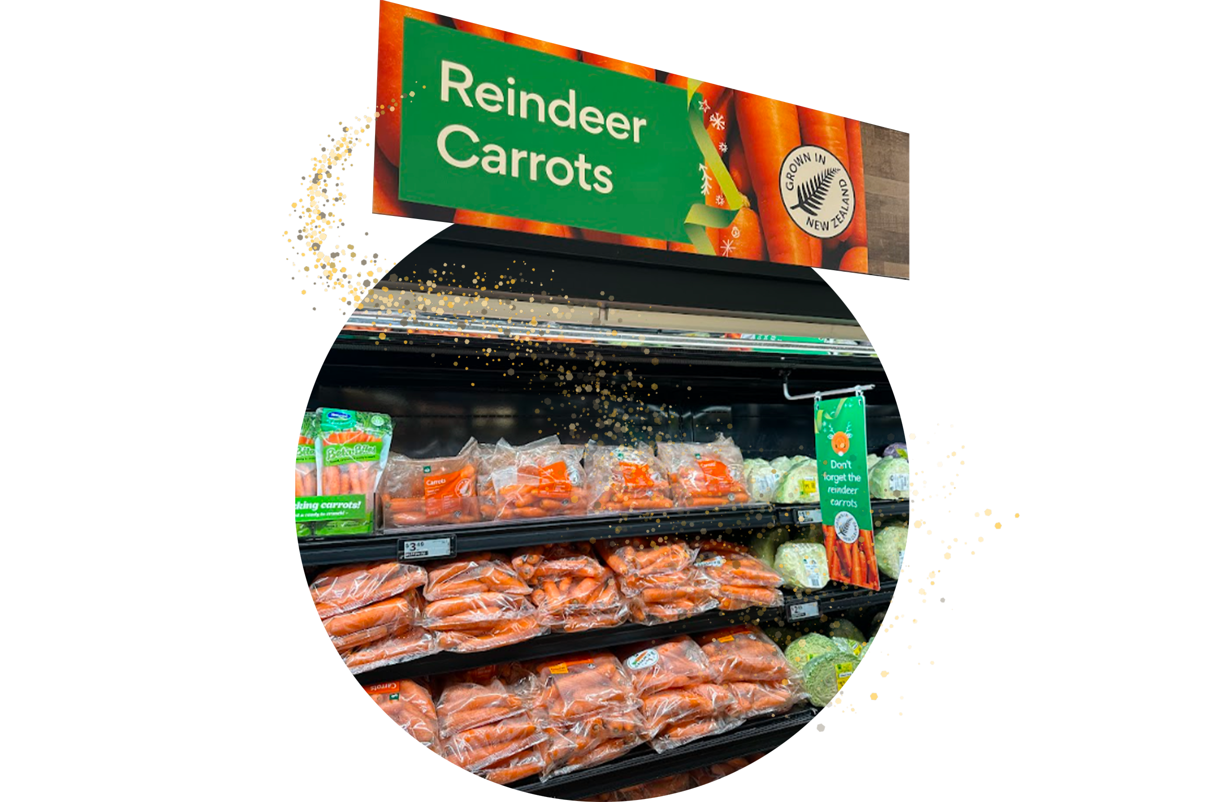 Reindeer Carrots sign over store display of carrots